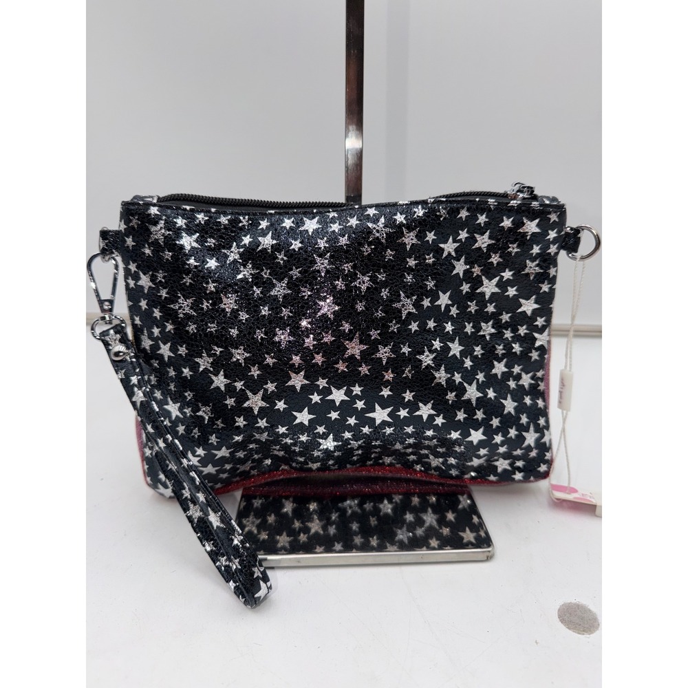Bari Lynn Black Silver Star Wristlet Pouch Glitter Stripe Bag 11437 NWT